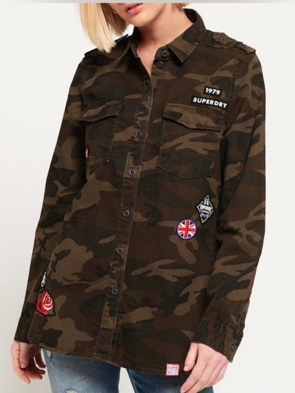 Womens SUPERDRY Military Camo Patch Shirt Size XS Heavy Cotton Shacket Pockets
